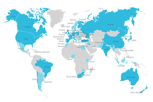 Carte du monde avec certains pays colorés - Liste des pays partenaires